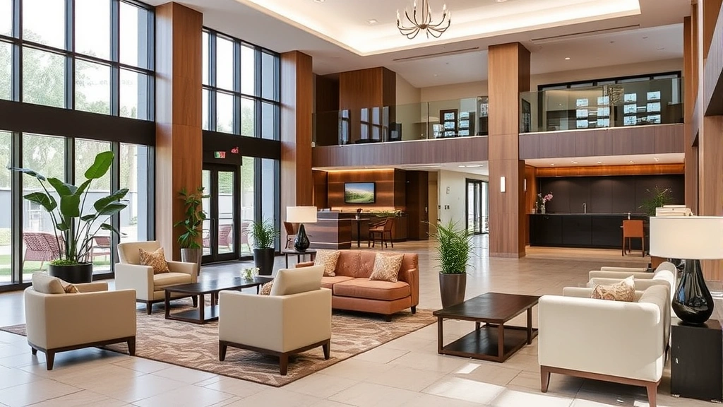 Hotel lobby with welcoming atmosphere, comfortable seating areas, neutral color scheme, modern furniture, plants, natural light from large windows, professional but warm ambiance