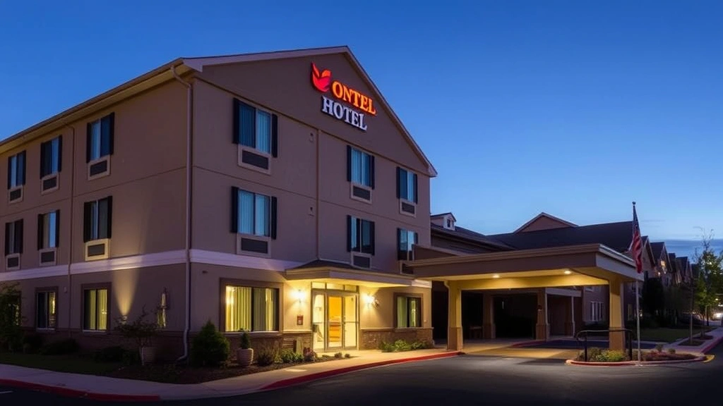 Hotel exterior facade at dusk or early evening, attractive building architecture, well-lit entrance area, landscaping, clean modern design, residential neighborhood setting, no visible signage with text or addresses