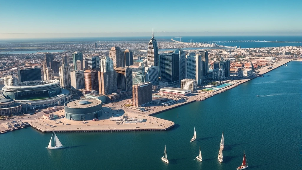 Aerial view of downtown San Diego waterfront with Petco Park stadium visible, modern high-rise hotels along the bay, sailboats in the harbor, daytime cityscape photography