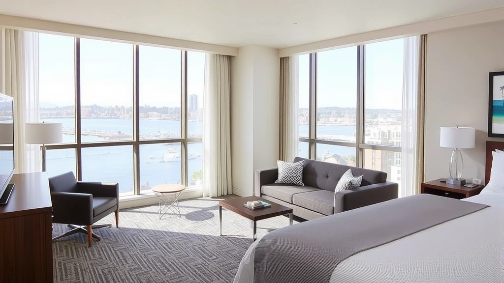 Modern hotel room interior with floor-to-ceiling windows overlooking San Diego Bay, contemporary furnishings, natural daylight, coastal views, welcoming guest accommodation
