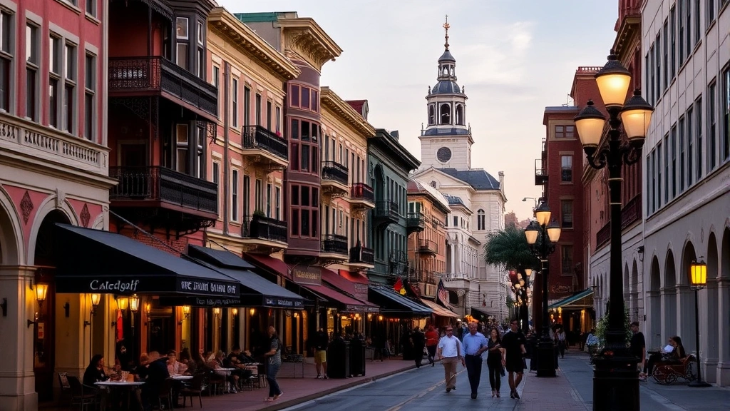 Historic Gaslamp Quarter street scene with Victorian-era buildings, gas lamps, pedestrians walking, restaurants with outdoor seating, evening ambiance, no visible signage or addresses