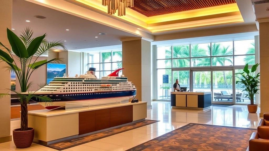 Hotel lobby reception area with cruise ship model display, helpful concierge desk, tropical plants, bright airy interior design