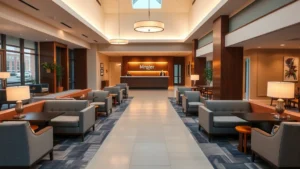 Modern hotel lobby with comfortable seating, warm lighting, and contemporary furniture in a college town setting, showing check-in desk and welcoming atmosphere