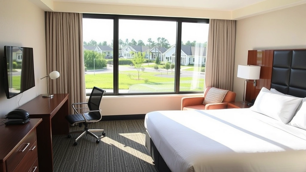 Spacious hotel room with queen bed, desk workspace, and modern amenities, bright natural lighting from large windows overlooking residential area landscape