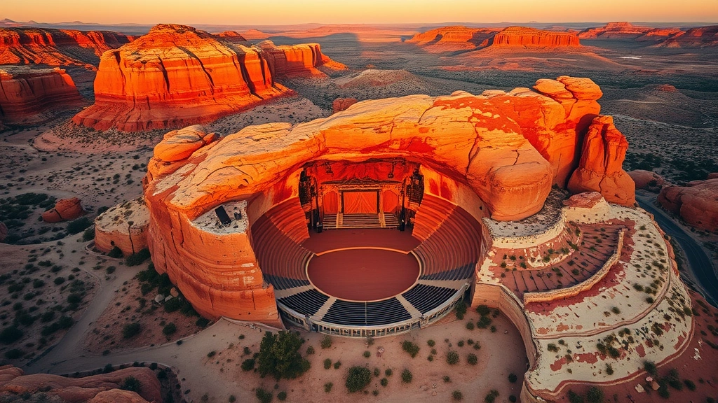 Aerial view of Red Rocks Amphitheatre surrounded by dramatic rust-colored sandstone formations and desert landscape during golden hour sunset, showing the natural amphitheater's distinctive geological features without any text or signage visible