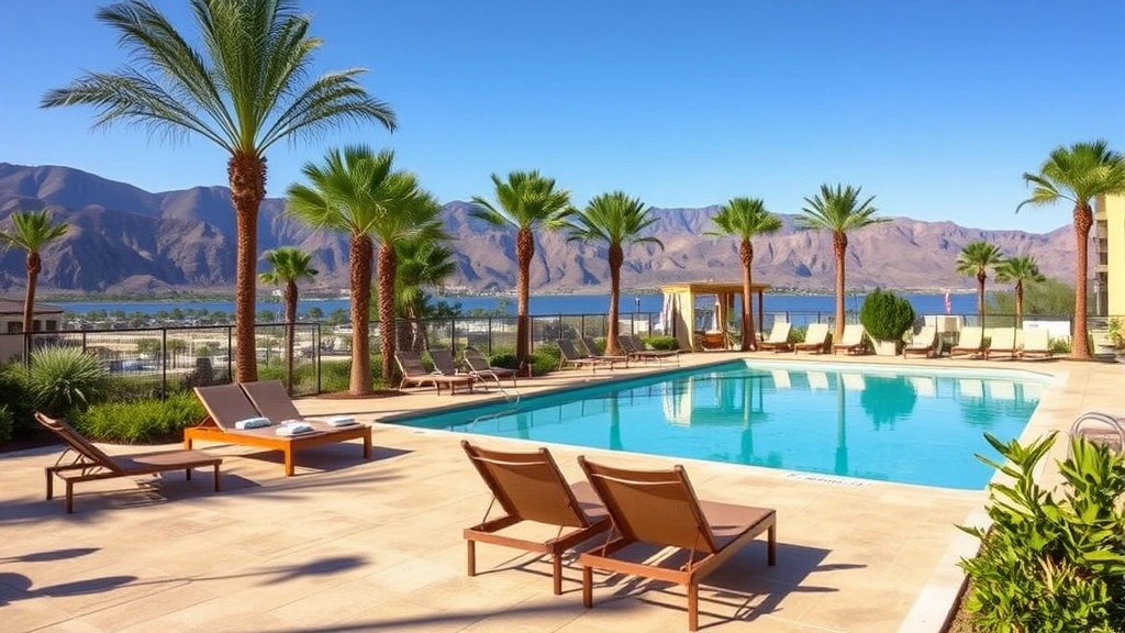 Outdoor pool area at a mid-range hotel resort with lounging chairs, palm trees, mountain views in background, clear blue water, professional landscaping, daytime setting with natural sunlight casting shadows