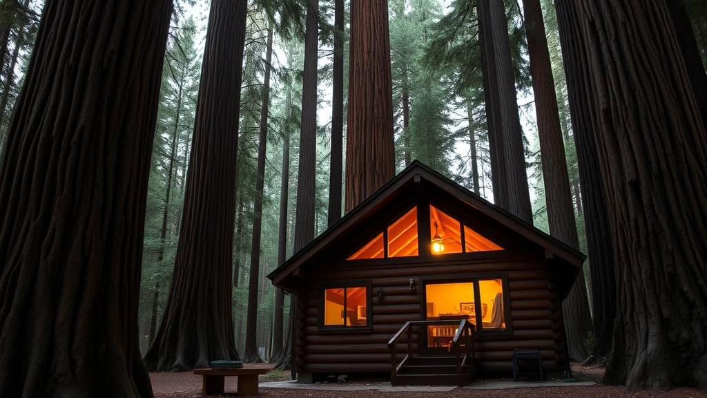 Rustic cabin accommodation nestled among towering redwood trees, wooden exterior, warm interior lighting visible through windows, surrounded by ancient forest canopy