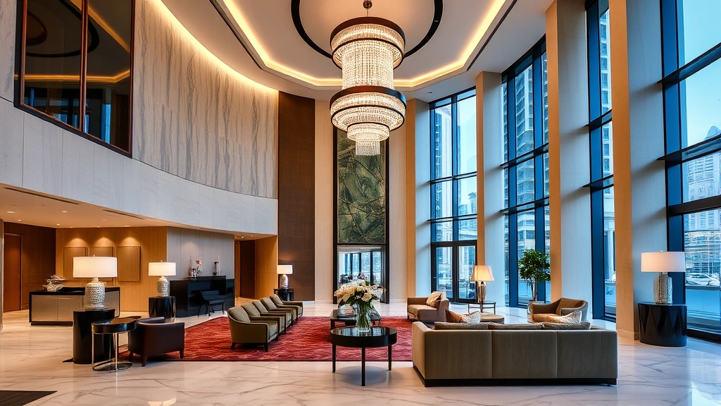 Modern luxury hotel lobby with elegant furnishings, marble floors, and contemporary chandelier lighting, downtown Toronto setting