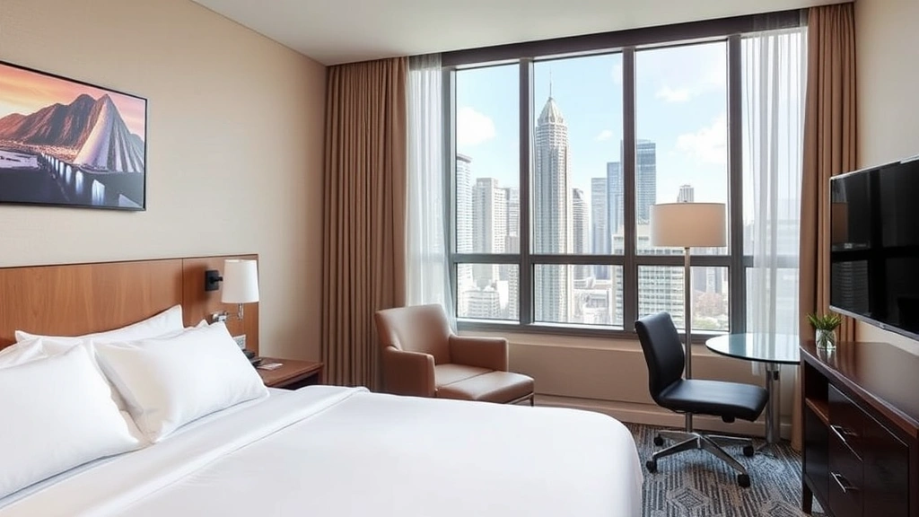 Clean mid-range hotel bedroom with comfortable bed, modern furniture, city window view overlooking downtown Toronto skyline