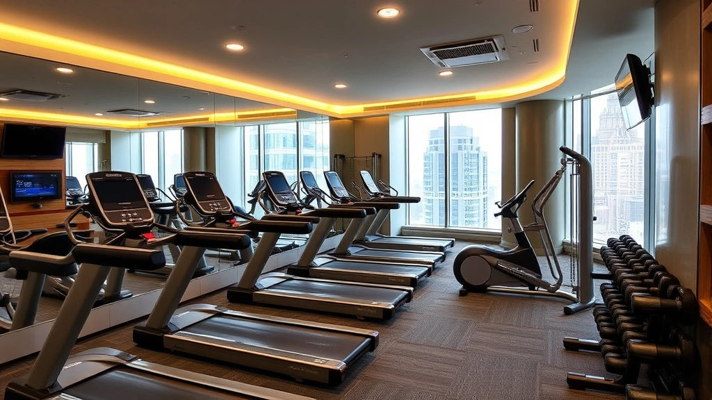 Bright hotel fitness center with cardio equipment, weights, mirrors, and contemporary gym design in downtown urban environment