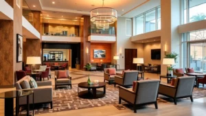 Modern hotel lobby in Pasadena with contemporary furnishings, comfortable seating areas, and warm lighting, no text or signage visible, residential-style elegance