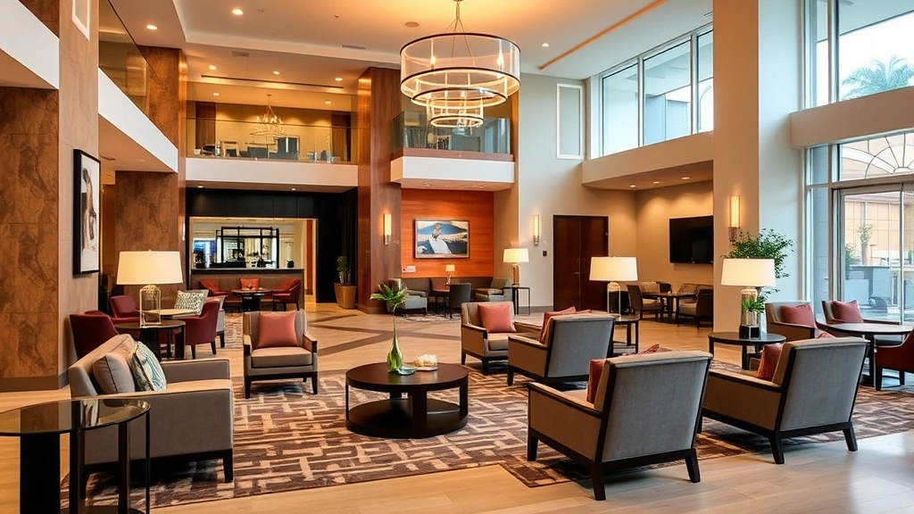 Modern hotel lobby in Pasadena with contemporary furnishings, comfortable seating areas, and warm lighting, no text or signage visible, residential-style elegance