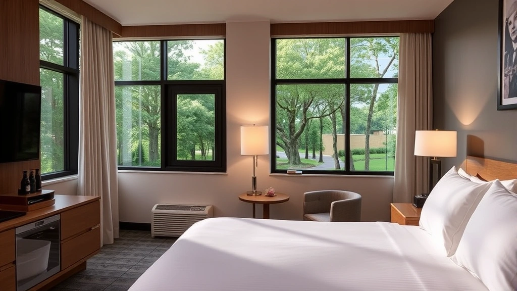 Hotel room interior with comfortable bed, modern amenities, large windows showing tree views, neutral tones, inviting residential atmosphere, no visible text or logos