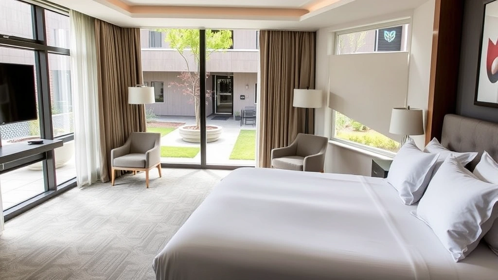 Modern hotel bedroom with king bed, clean linens, and contemporary furnishings overlooking a quiet courtyard or garden area, morning natural light through windows, no visible text or signage