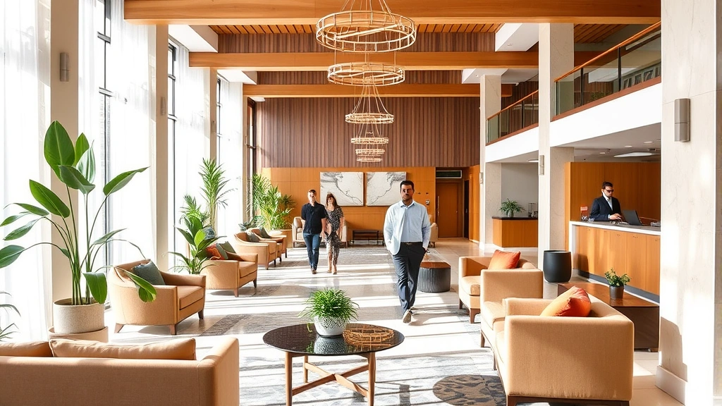 Bright hotel lobby with comfortable seating areas, check-in desk in background, plants and modern decor, guests walking through spacious entrance, daytime lighting