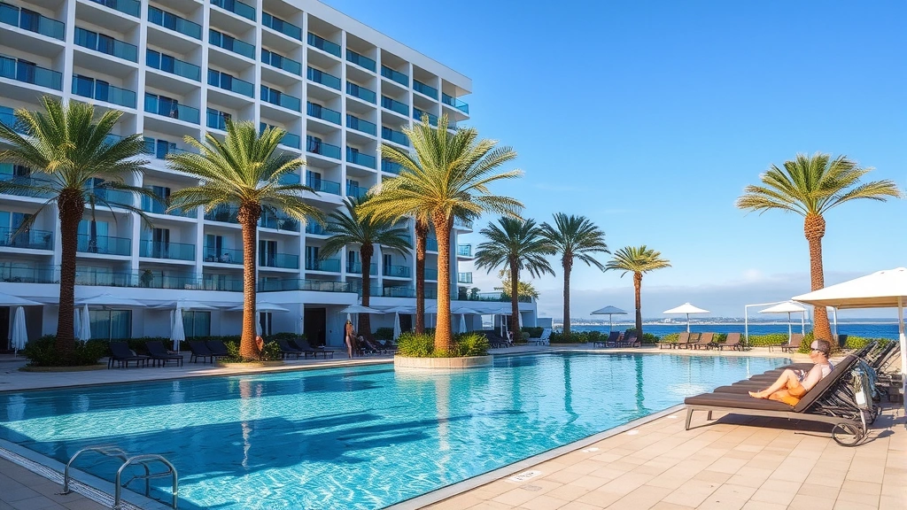 Hotel swimming pool area with lounge chairs, palm trees, and clear water, guests relaxing poolside, modern hotel building visible in background, sunny afternoon lighting