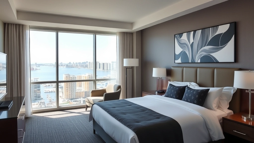 Modern hotel room with clean bed, contemporary furniture, and large window overlooking San Diego bay during daytime, professional hospitality setting