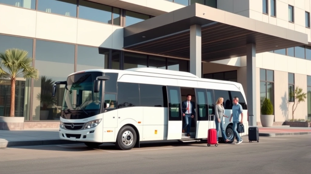 Airport shuttle bus parked outside modern hotel entrance with guests loading luggage, professional ground transportation, clear sunny day