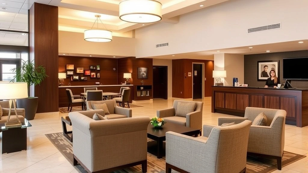 Hotel lobby with comfortable seating areas, front desk staff assisting guests, modern décor, bright lighting, welcoming hospitality environment