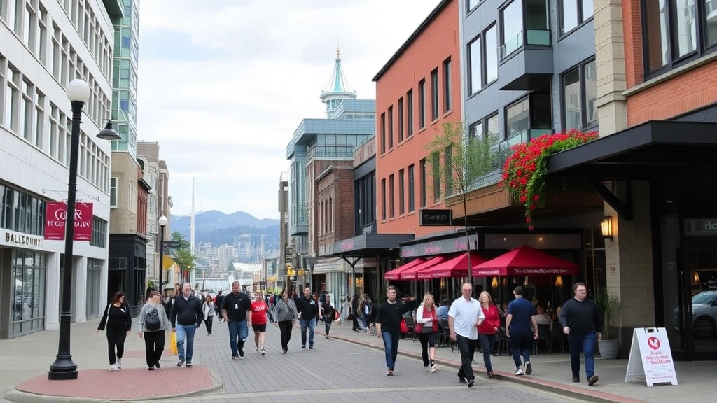 Belltown neighborhood street view showing pedestrians walking toward waterfront with modern buildings and restaurants, vibrant urban atmosphere without signage