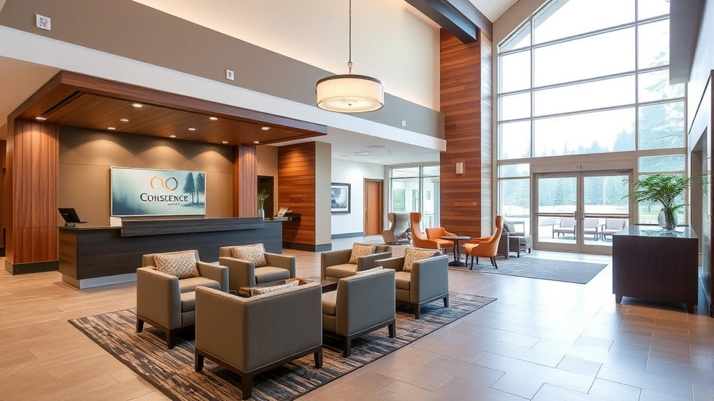 Hotel lobby with contemporary design, comfortable seating areas, and professional concierge desk, Pacific Northwest architectural elements and natural wood accents