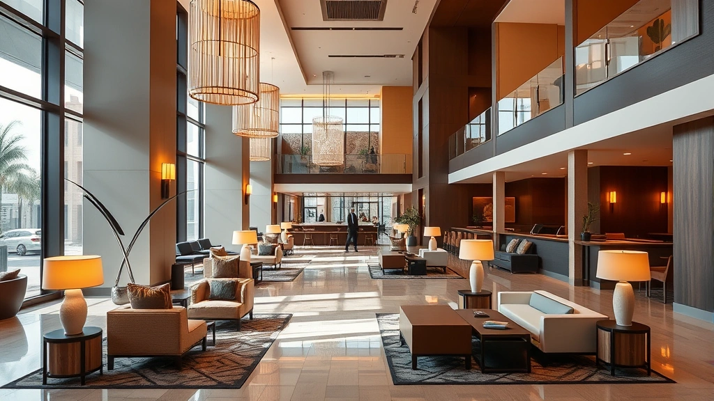 Modern hotel lobby with warm lighting and comfortable seating areas, contemporary interior design, upscale resort style, daytime photography, no people visible, clean architecture