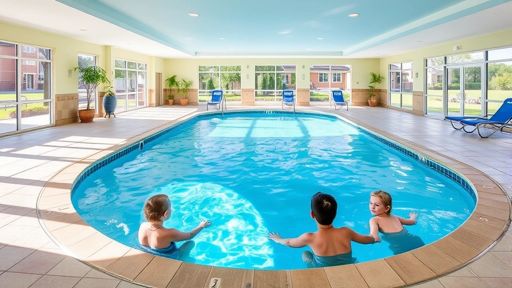 Family-friendly hotel indoor swimming pool with blue water, surrounding lounging area, large windows, bright natural lighting, heated pool facility, residential resort setting