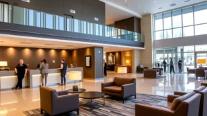 Modern hotel lobby with sleek contemporary design, comfortable seating areas, and warm lighting in a mid-range property. Guests checking in at front desk, professional staff assisting. Clean, inviting atmosphere typical of quality accommodations near major venues.