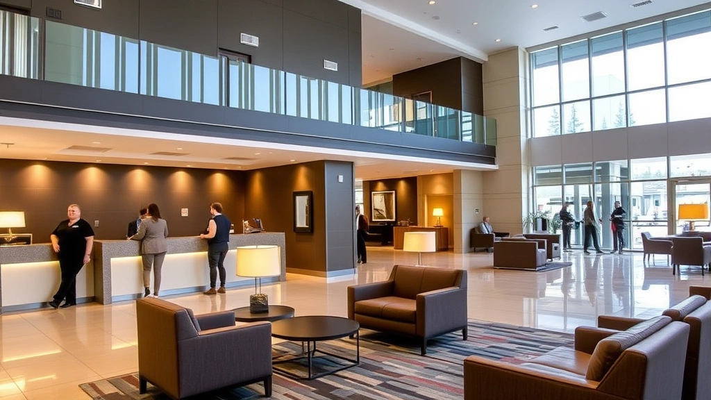 Modern hotel lobby with sleek contemporary design, comfortable seating areas, and warm lighting in a mid-range property. Guests checking in at front desk, professional staff assisting. Clean, inviting atmosphere typical of quality accommodations near major venues.