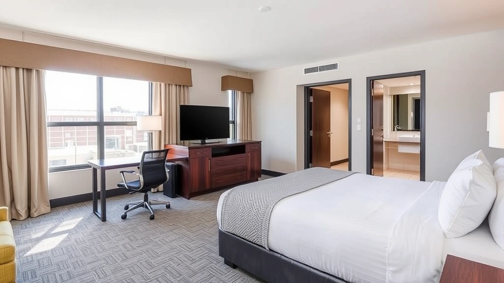 Spacious hotel room featuring comfortable bed with quality linens, work desk with ergonomic chair, flat-screen TV mounted on wall, and large windows with natural light. Modern bathroom visible through open door with updated fixtures and amenities.