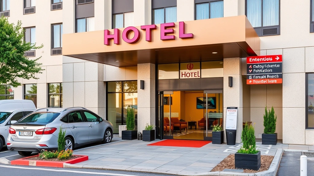 Hotel exterior entrance during daytime showing professional signage, landscaped entry area with planters and seating, multiple vehicles in parking lot, and clear directional signage. Modern architectural design with glass doors and professional appearance representative of hospitality properties.