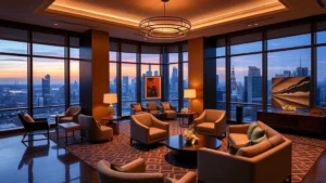Upscale hotel lobby with modern furniture, contemporary art, and large windows overlooking downtown Chicago skyline at dusk, warm lighting, no visible text or signage