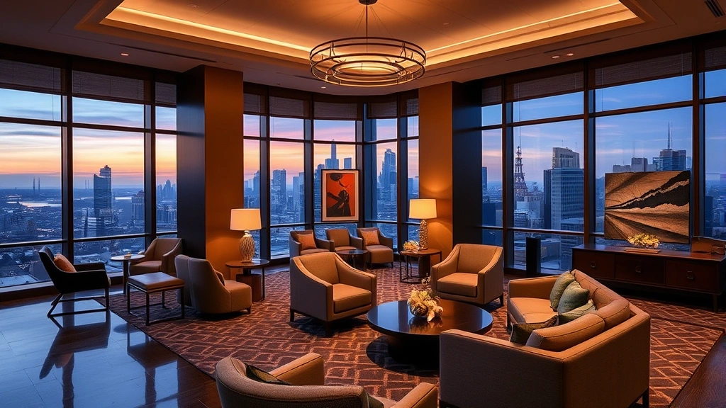 Upscale hotel lobby with modern furniture, contemporary art, and large windows overlooking downtown Chicago skyline at dusk, warm lighting, no visible text or signage