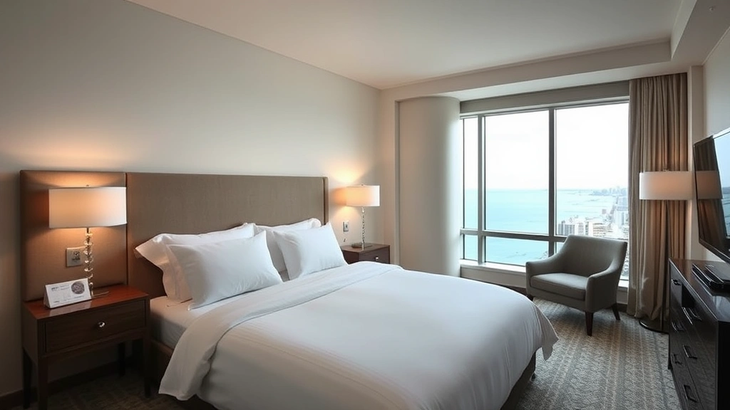 Comfortable hotel bedroom with king bed, city view windows showing Lake Michigan, minimalist decor, soft ambient lighting, no room numbers or identifying markers visible