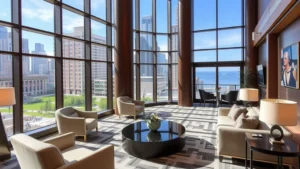 Modern downtown Chicago hotel lobby with floor-to-ceiling windows overlooking Grant Park and lakefront, contemporary furniture, natural lighting, upscale atmosphere, no visible signage or text