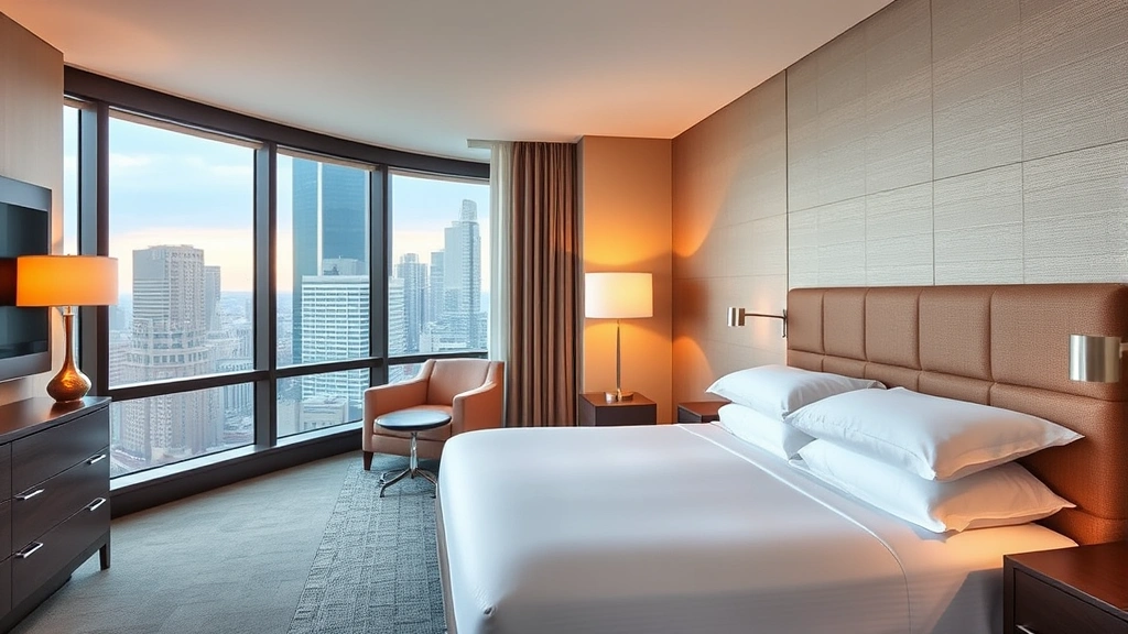 Spacious hotel guest room with king bed, modern decor, views of Chicago skyline, clean contemporary design, warm lighting, welcoming ambiance, no room numbers or identifying text visible