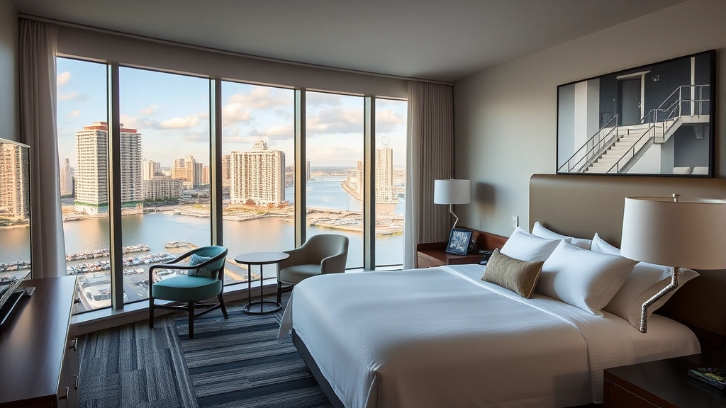 Modern hotel room overlooking Tampa waterfront with comfortable bed, contemporary furnishings, and large windows showing city skyline during daytime