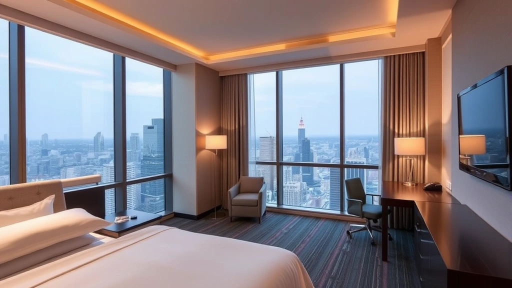 Spacious hotel room with king bed, plush bedding, modern desk area, flat-screen television, floor-to-ceiling windows with city views, minimalist contemporary design, warm ambient lighting