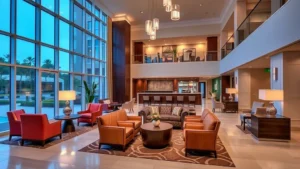 Modern hotel lobby with comfortable seating areas, warm lighting, and contemporary furniture in an upscale Orlando hotel property