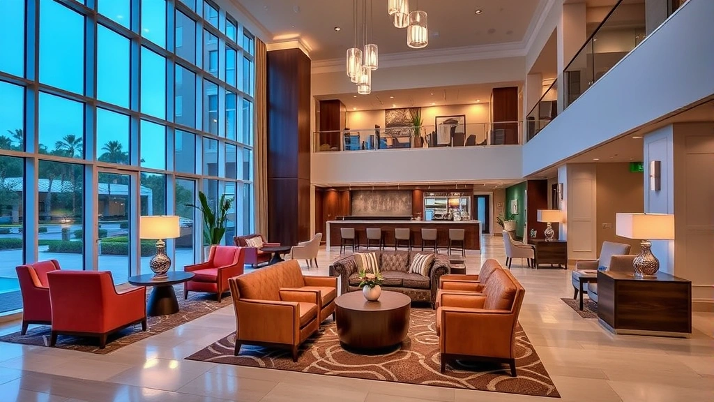 Modern hotel lobby with comfortable seating areas, warm lighting, and contemporary furniture in an upscale Orlando hotel property