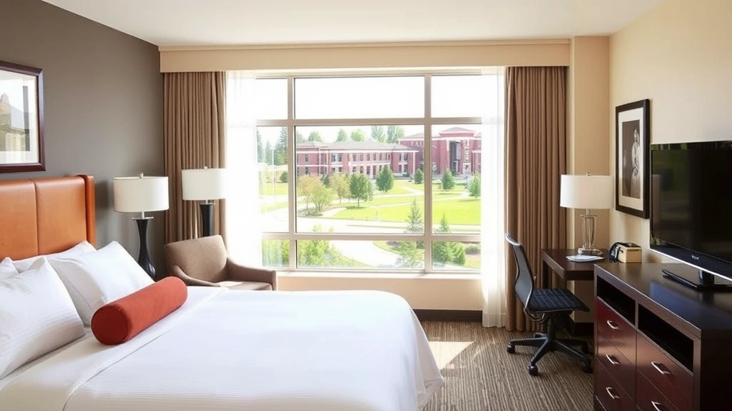 Spacious hotel room with king bed, desk workspace, and bright windows overlooking landscaped grounds near university campus