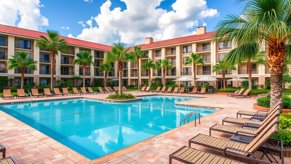 Hotel pool area with lounge chairs, palm trees, and tropical landscaping at a mid-range resort property in central Florida
