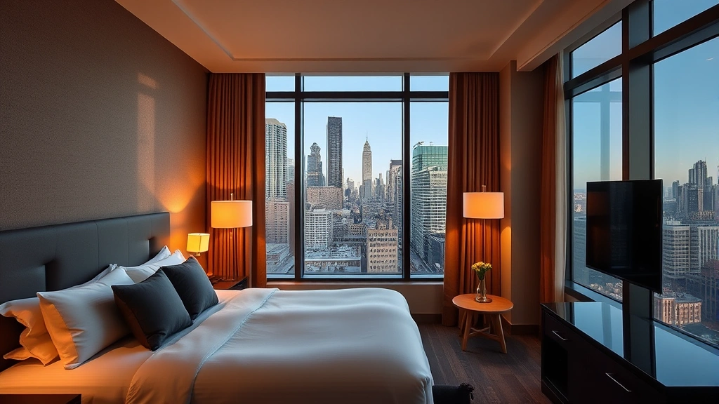 Modern hotel bedroom with city skyline view through floor-to-ceiling windows, contemporary furnishings, warm lighting, Chicago downtown visible in background, no visible text or signage