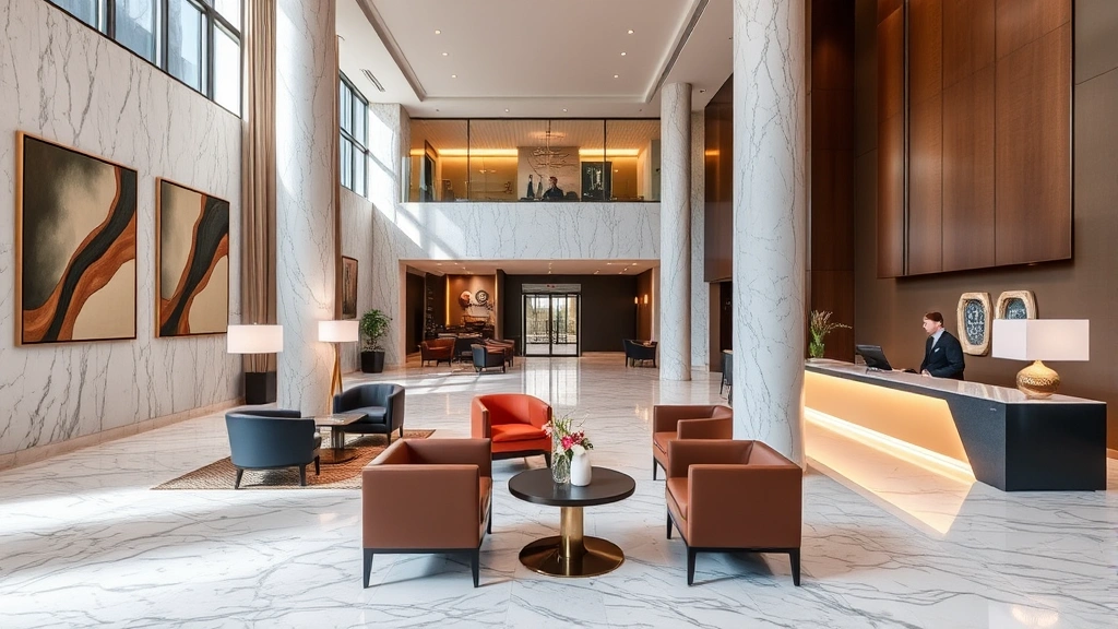 Elegant hotel lobby with marble flooring, contemporary art installations, comfortable seating areas, professional reception desk, natural light from large windows, no visible signage or text