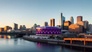 Modern downtown Minneapolis skyline with US Bank Stadium visible in the center, showing the distinctive purple architecture of the Vikings stadium, captured during golden hour with clear skies and reflecting in the Mississippi River