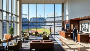 Modern hotel lobby with contemporary furniture and Yankee Stadium visible through floor-to-ceiling windows in the Bronx, natural lighting, guests checking in at front desk