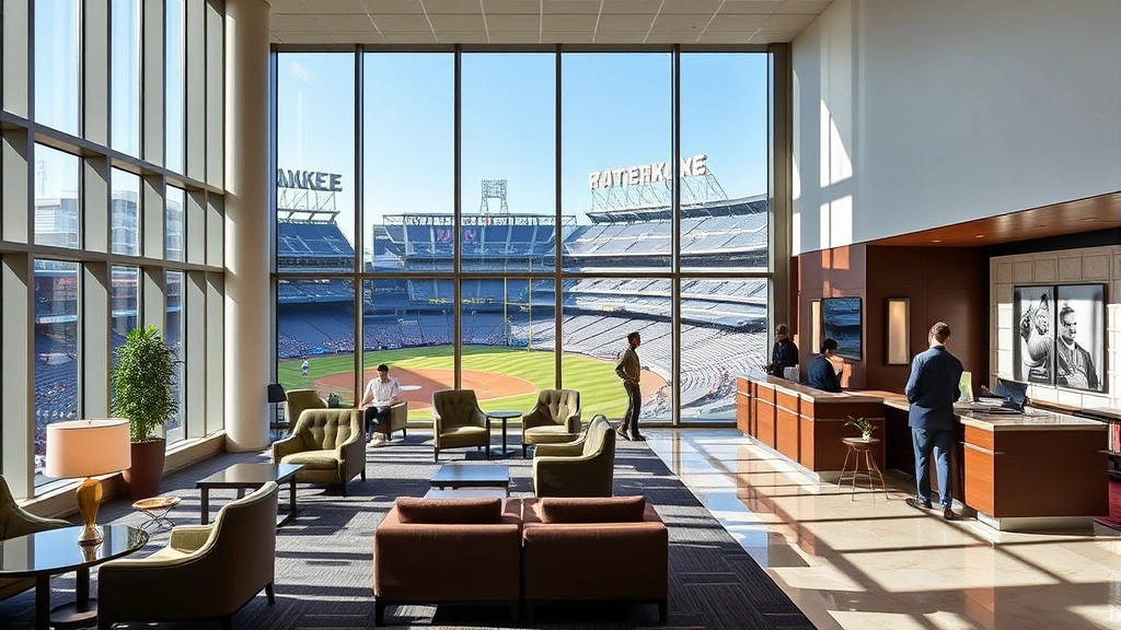 Modern hotel lobby with contemporary furniture and Yankee Stadium visible through floor-to-ceiling windows in the Bronx, natural lighting, guests checking in at front desk