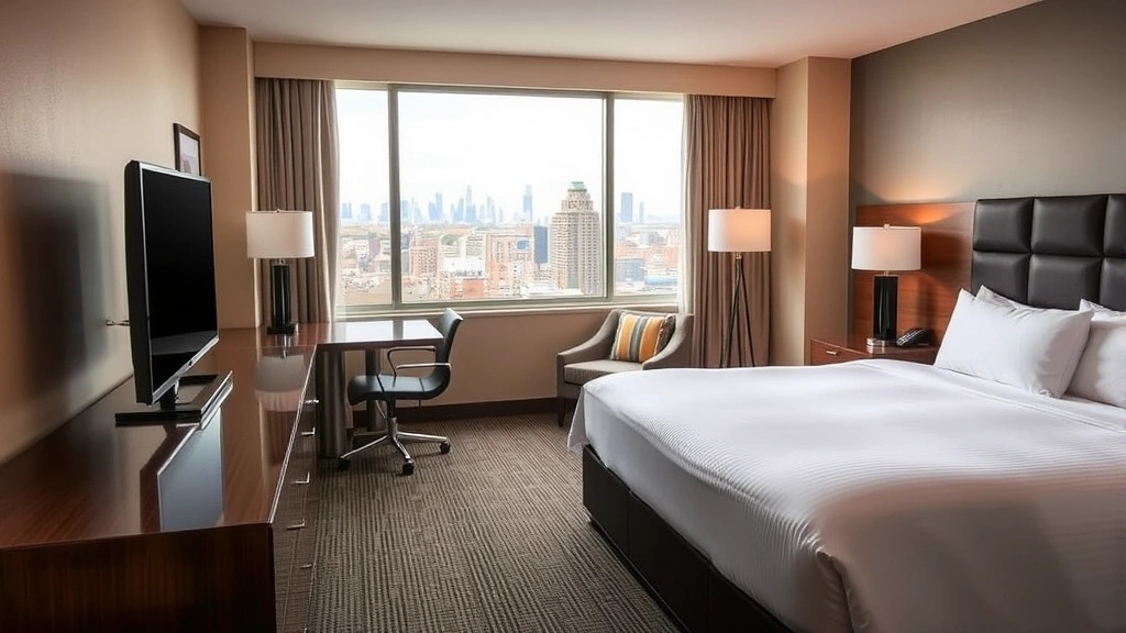 Comfortable hotel room with king bed, flat-screen TV, work desk, and views of urban Bronx neighborhood with distant skyline, warm lighting, clean modern decor