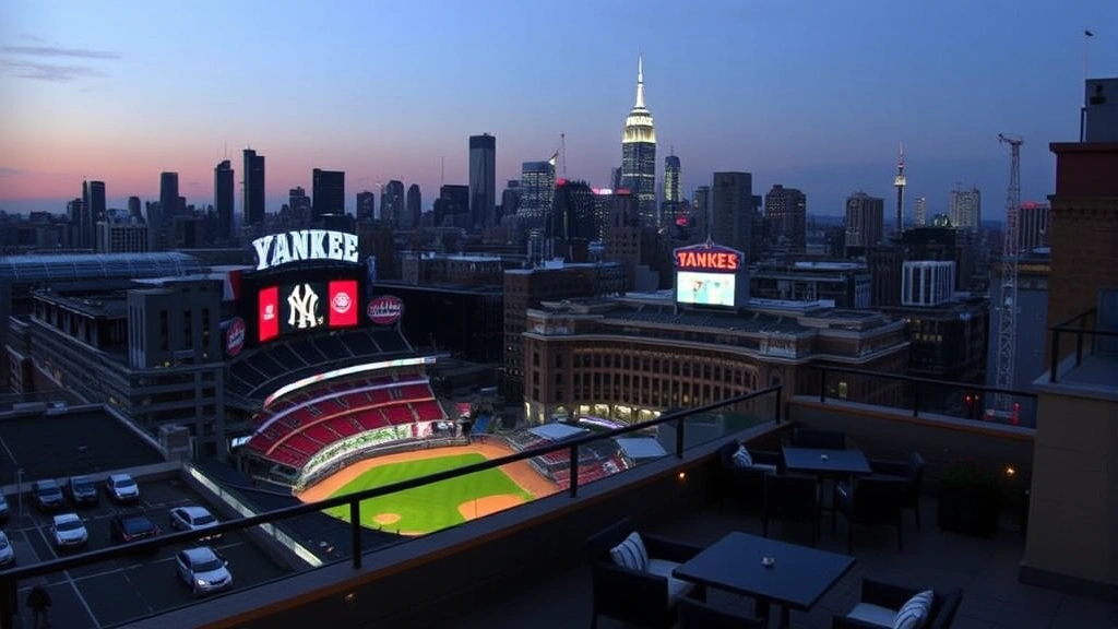Hotel rooftop or outdoor area with seating, view of Yankee Stadium illuminated at dusk, Manhattan skyline in background, evening cityscape, no signage visible