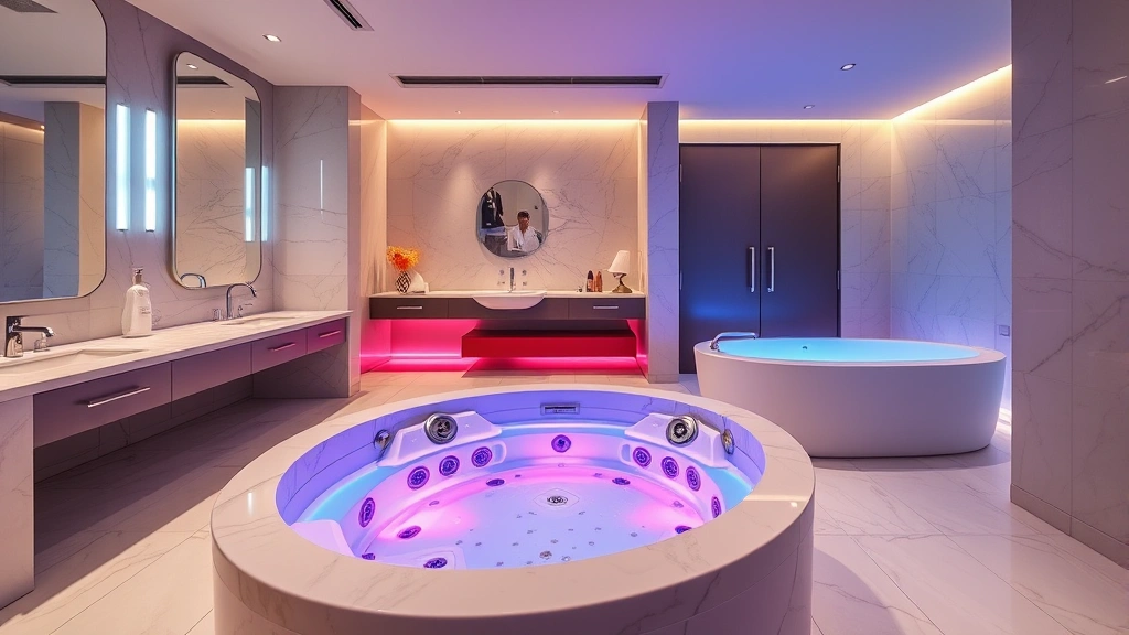 Modern luxury hotel suite bathroom with large soaking tub with jets and chromotherapy lighting, spa-like design with marble countertops and soft ambient lighting, no visible text or signage